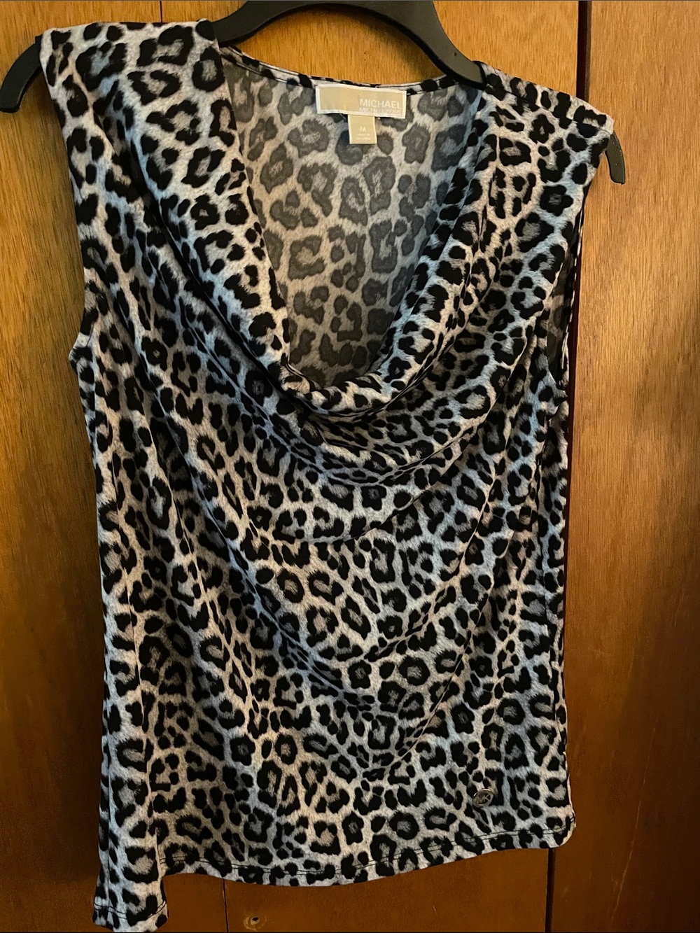 MICHAEL Michael Kors Black and Gray Leopard Cowl Neck Sleeveless Top